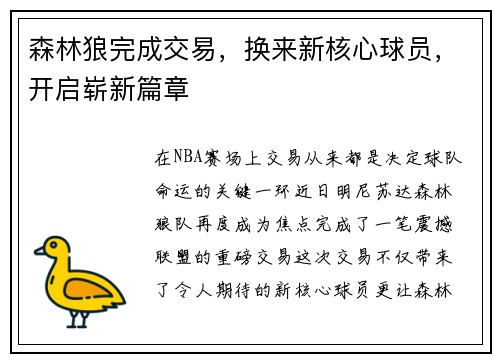 森林狼完成交易，换来新核心球员，开启崭新篇章