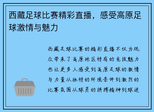 西藏足球比赛精彩直播，感受高原足球激情与魅力