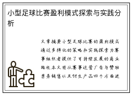 小型足球比赛盈利模式探索与实践分析