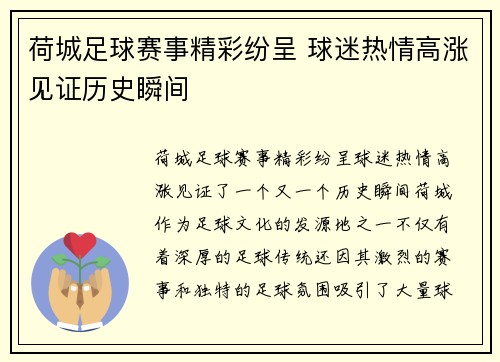 荷城足球赛事精彩纷呈 球迷热情高涨见证历史瞬间
