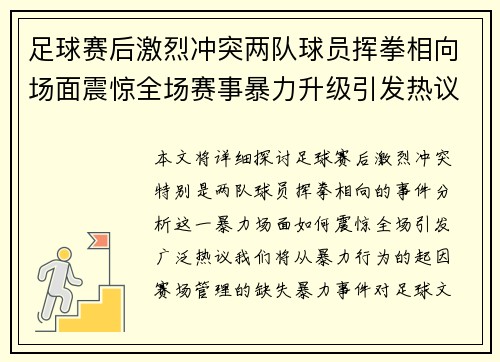 足球赛后激烈冲突两队球员挥拳相向场面震惊全场赛事暴力升级引发热议