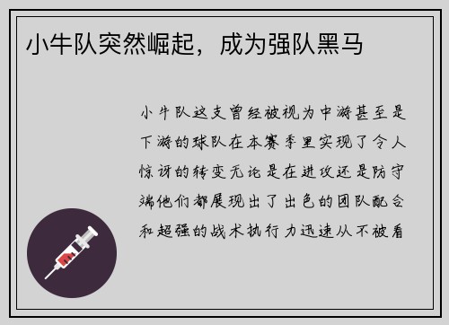 小牛队突然崛起，成为强队黑马
