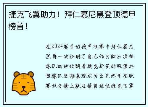 捷克飞翼助力！拜仁慕尼黑登顶德甲榜首！
