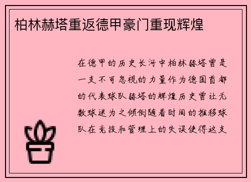 柏林赫塔重返德甲豪门重现辉煌