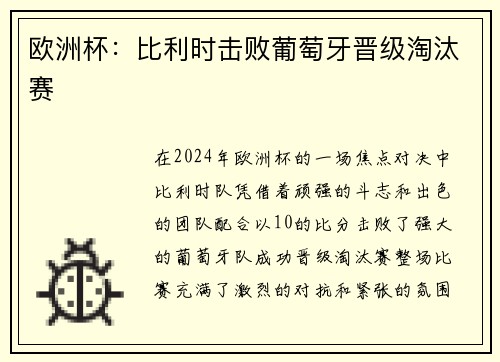 欧洲杯：比利时击败葡萄牙晋级淘汰赛