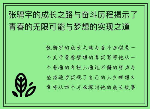 张骋宇的成长之路与奋斗历程揭示了青春的无限可能与梦想的实现之道