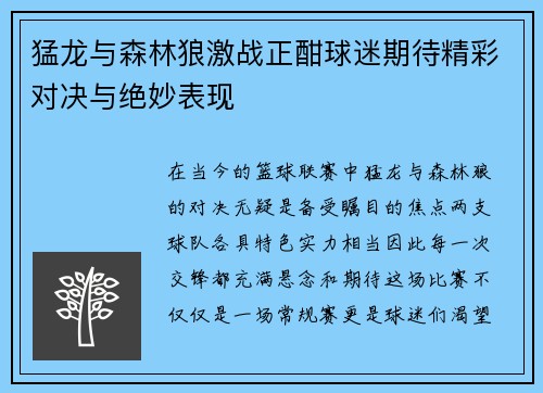 猛龙与森林狼激战正酣球迷期待精彩对决与绝妙表现