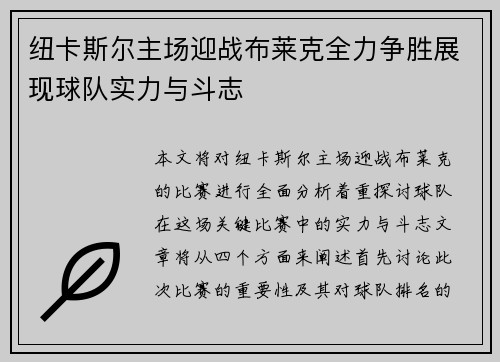 纽卡斯尔主场迎战布莱克全力争胜展现球队实力与斗志