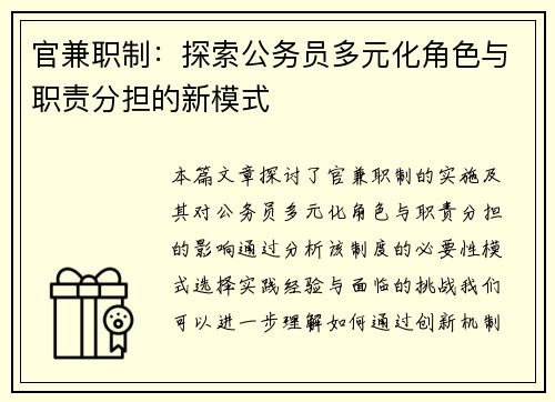 官兼职制：探索公务员多元化角色与职责分担的新模式