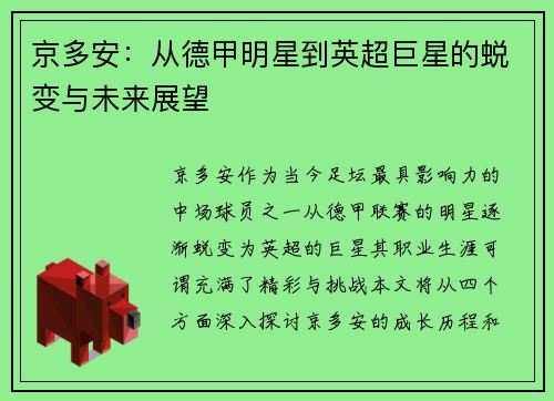 京多安：从德甲明星到英超巨星的蜕变与未来展望
